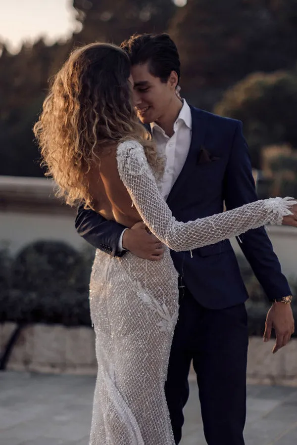Fabulous Long Sleeve Illusion Neckline Backless Wedding Dress WW283