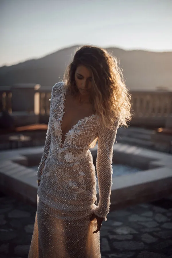 Fabulous Long Sleeve Illusion Neckline Backless Wedding Dress WW283