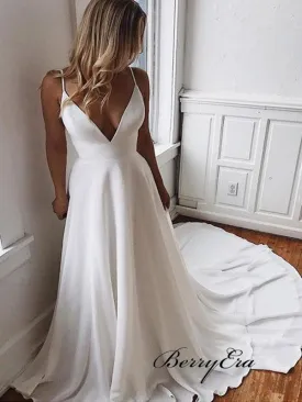 Fashion Spaghetti Long A-line V-neck Chiffon Lace Wedding Dresses, Popular Bridal Gown