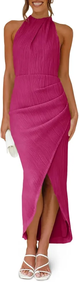 Fisoew Womens Halter Neck Party Dress Sleeveless Slit Textured Backless Sim Fit Ruched Sexy Midi Cocktail Dresses