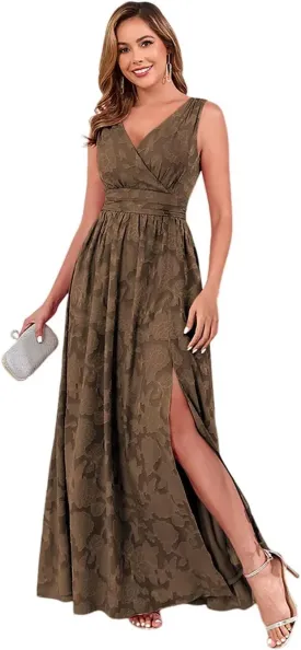 Floral V Neck Bridesmaid Dress with Slit Embroided Party Maxi Formal Dress for Women LA117