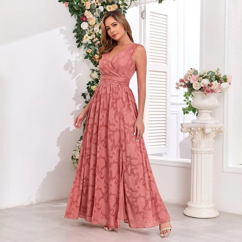 Floral V Neck Bridesmaid Dress with Slit Embroided Party Maxi Formal Dress for Women LA117