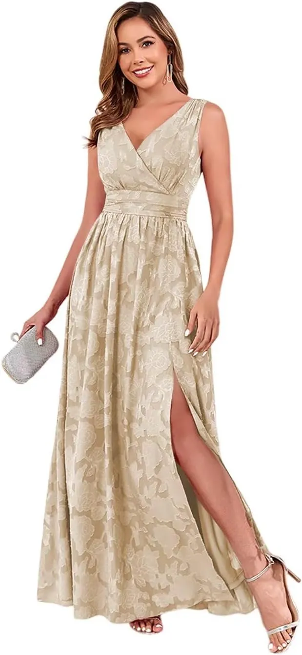 Floral V Neck Bridesmaid Dress with Slit Embroided Party Maxi Formal Dress for Women LA117