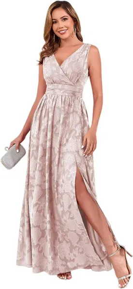 Floral V Neck Bridesmaid Dress with Slit Embroided Party Maxi Formal Dress for Women LA117