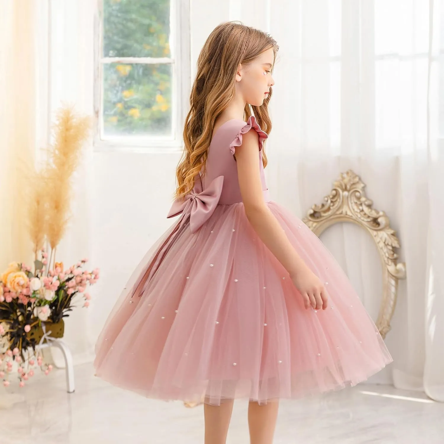 Flower Girl Dress Wedding Guest Ruffle Tulle Satin Party Birthday Princess Pageant Gown Kids Knee Length