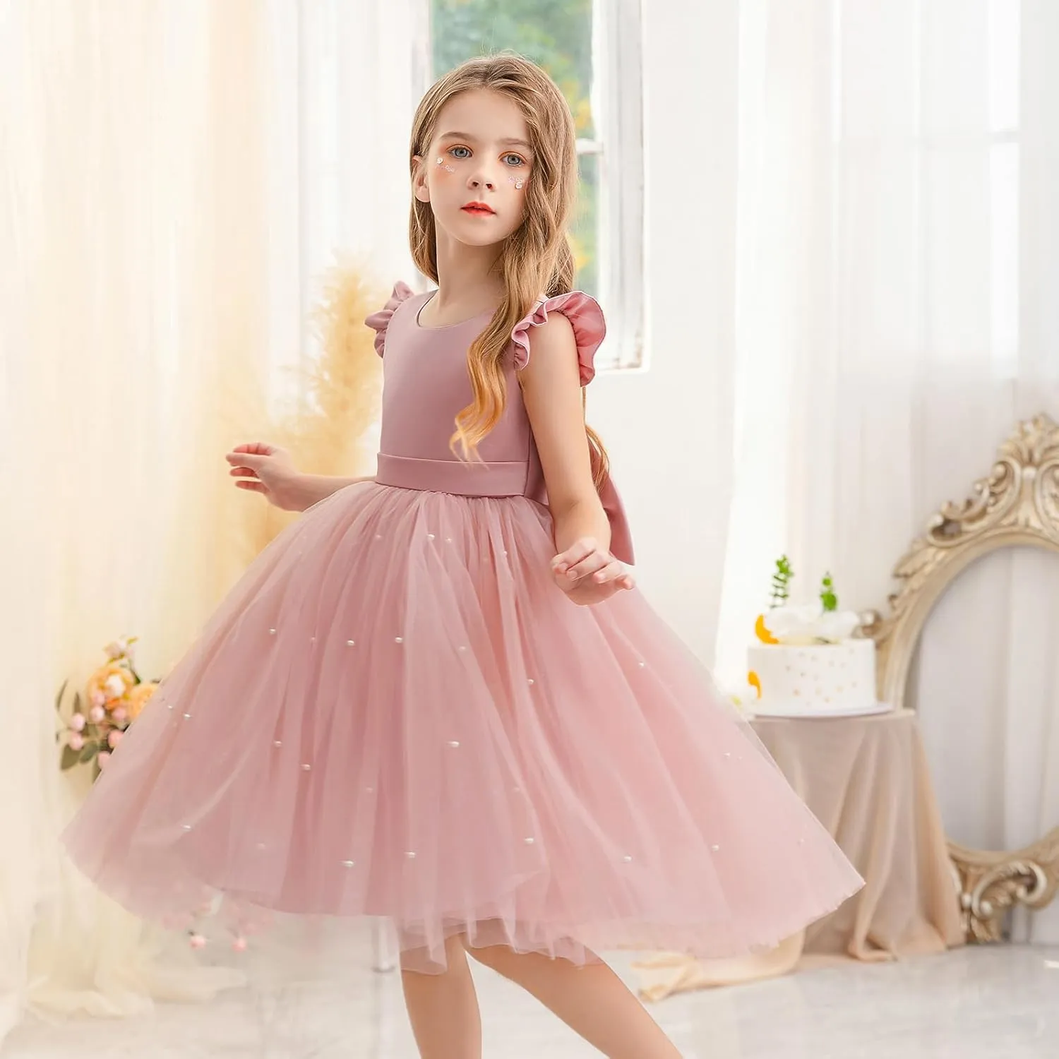 Flower Girl Dress Wedding Guest Ruffle Tulle Satin Party Birthday Princess Pageant Gown Kids Knee Length