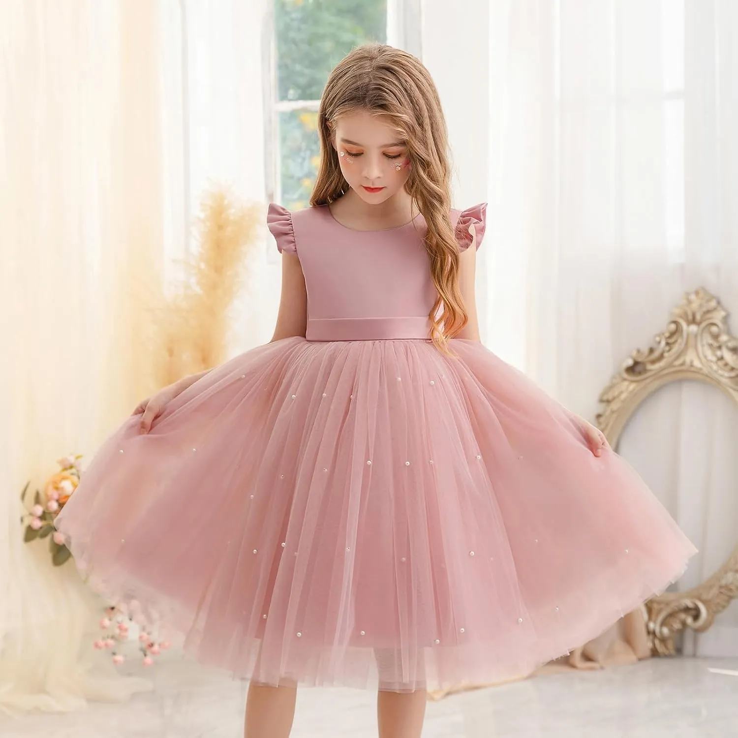 Flower Girl Dress Wedding Guest Ruffle Tulle Satin Party Birthday Princess Pageant Gown Kids Knee Length