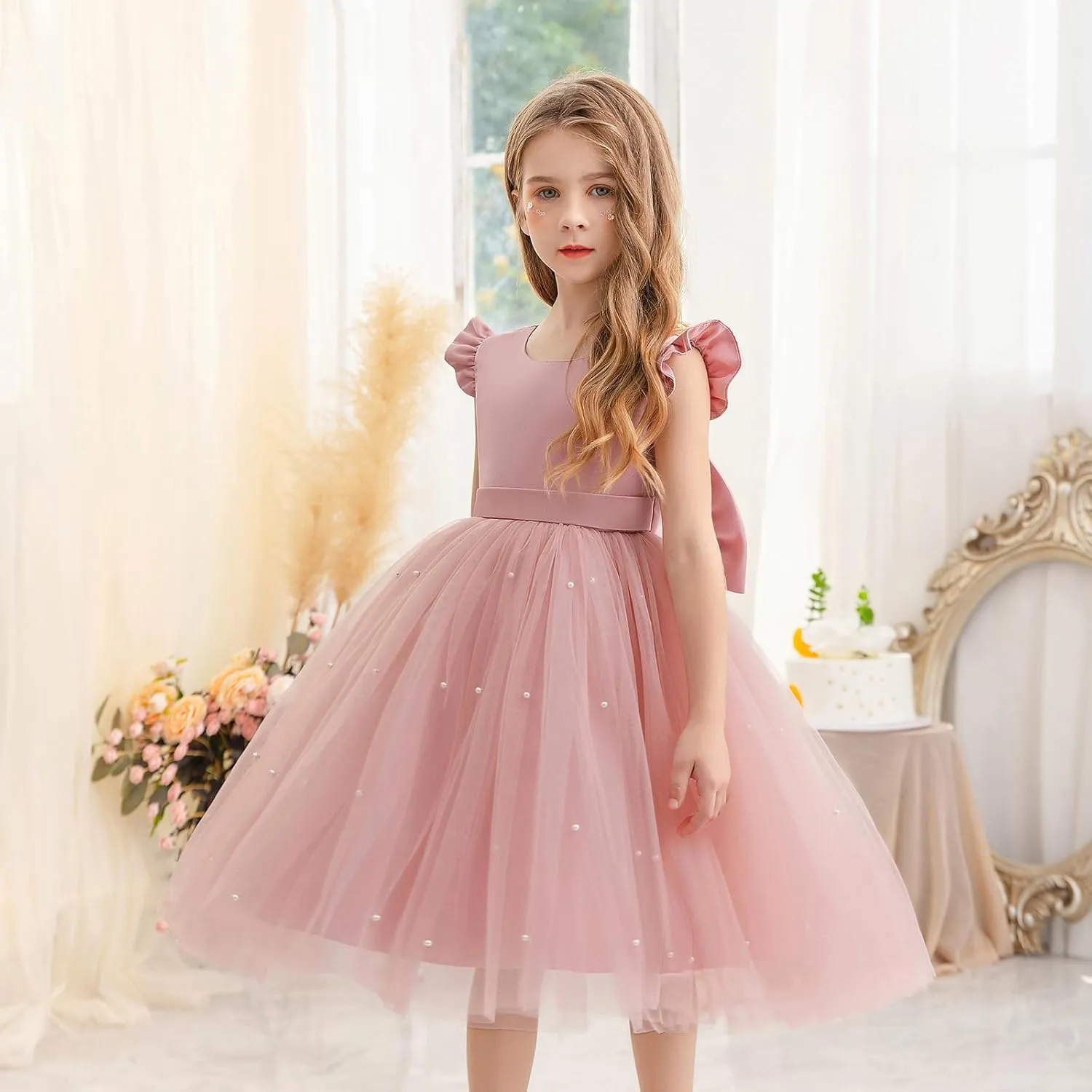 Flower Girl Dress Wedding Guest Ruffle Tulle Satin Party Birthday Princess Pageant Gown Kids Knee Length