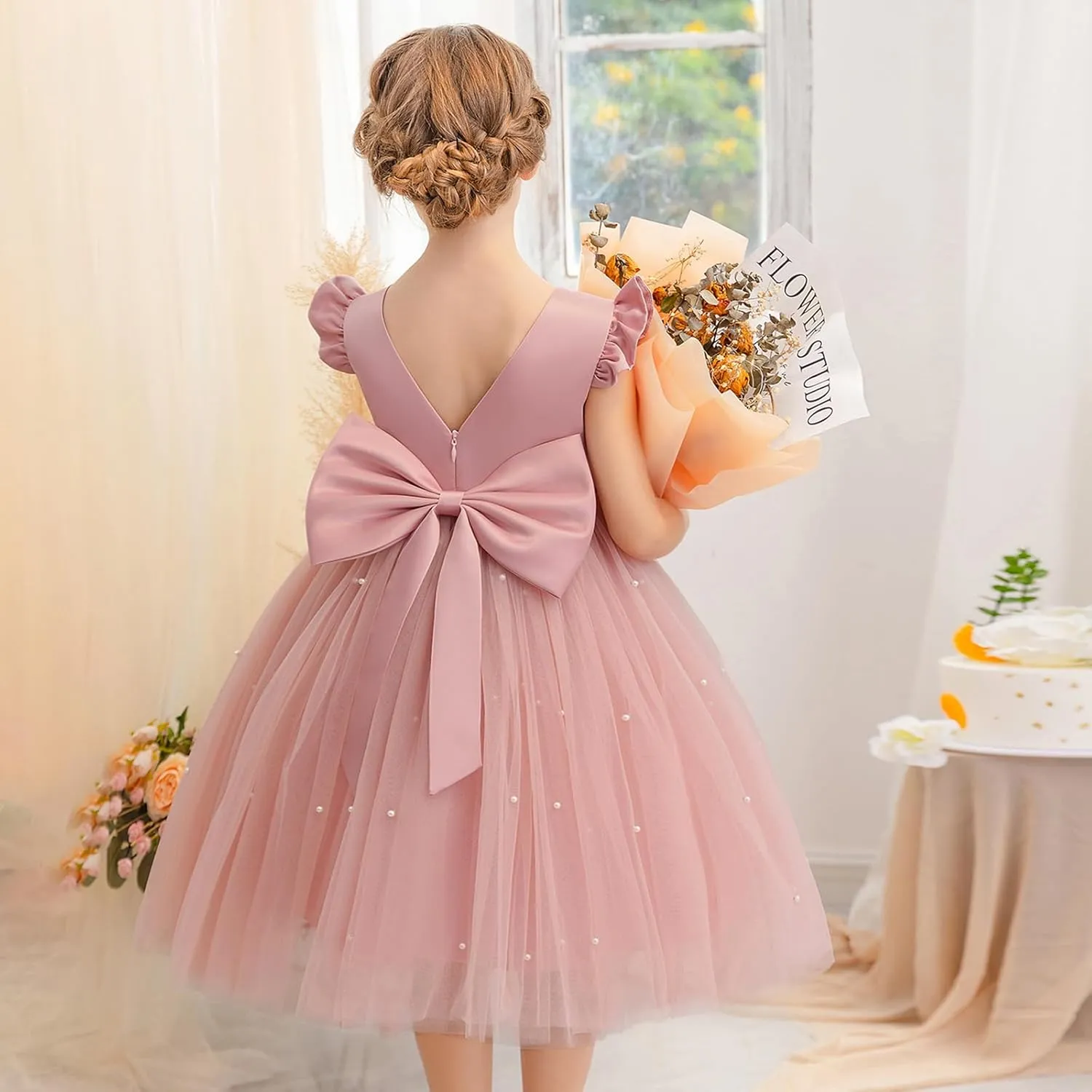 Flower Girl Dress Wedding Guest Ruffle Tulle Satin Party Birthday Princess Pageant Gown Kids Knee Length