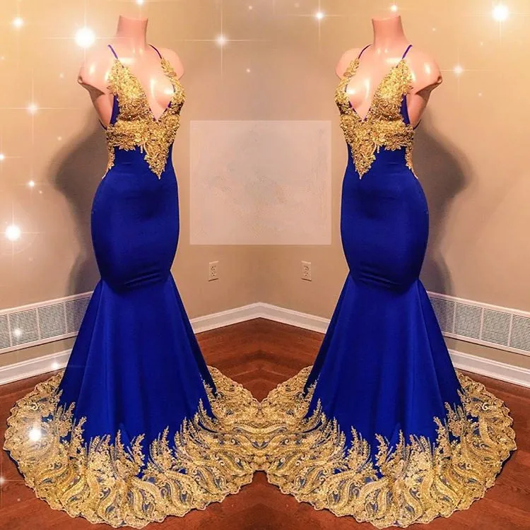 Glamorous V-Neck Royal Blue Prom Dress | Mermaid Evening Gowns With Gold Appliques BC0622