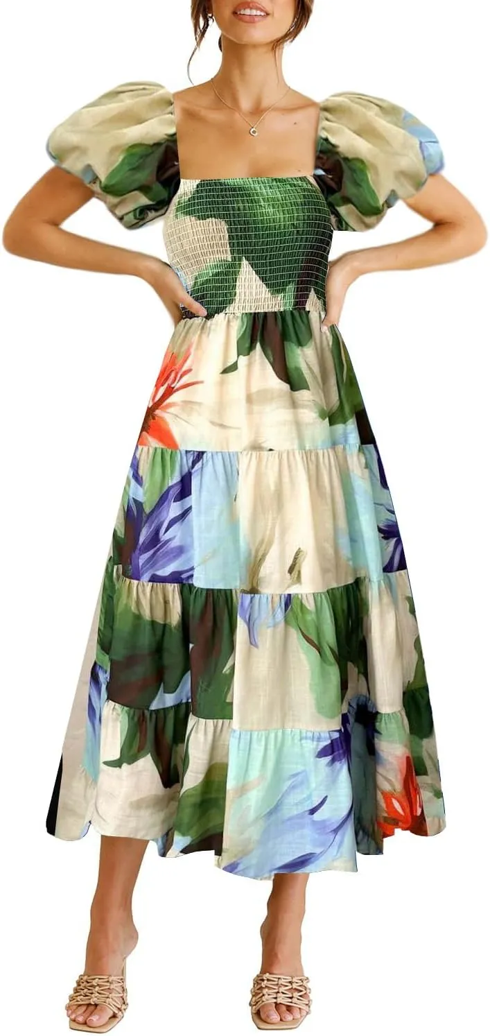 GOLDSTITCH Women's Smocked Maxi Dress Square Neck Ruffle Hem Puffy Short Sleeve Flowy Midi Dress