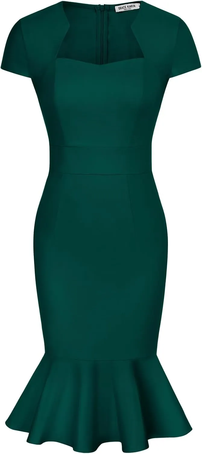 GRACE KARIN Womens Elegant Cap Sleeve Fishtail Tweed Cocktail Bodycon Dress