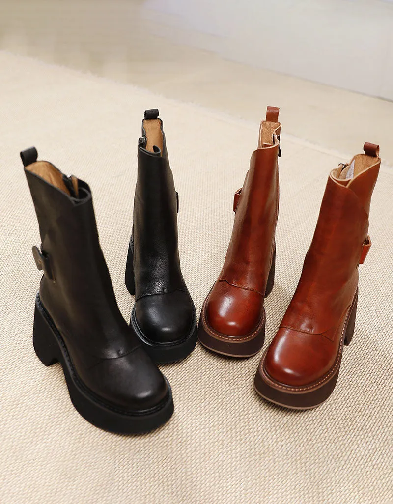 Handmade Platform Leather Mid-calf Boots