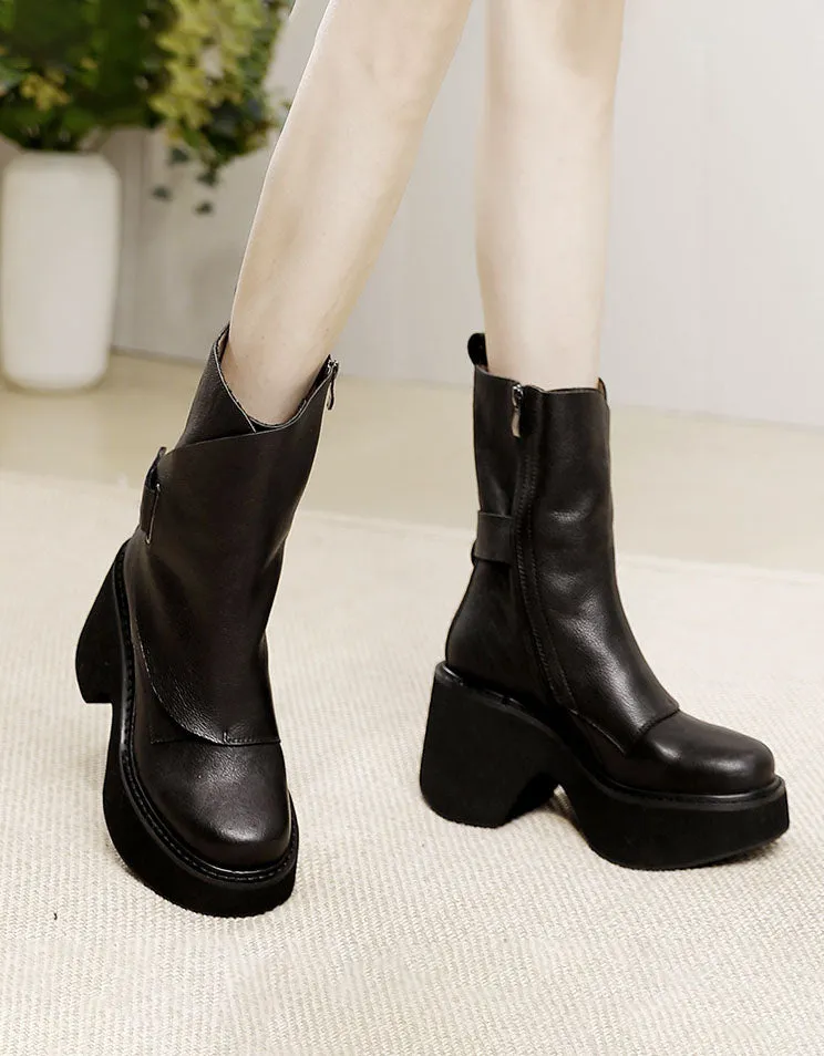 Handmade Platform Leather Mid-calf Boots