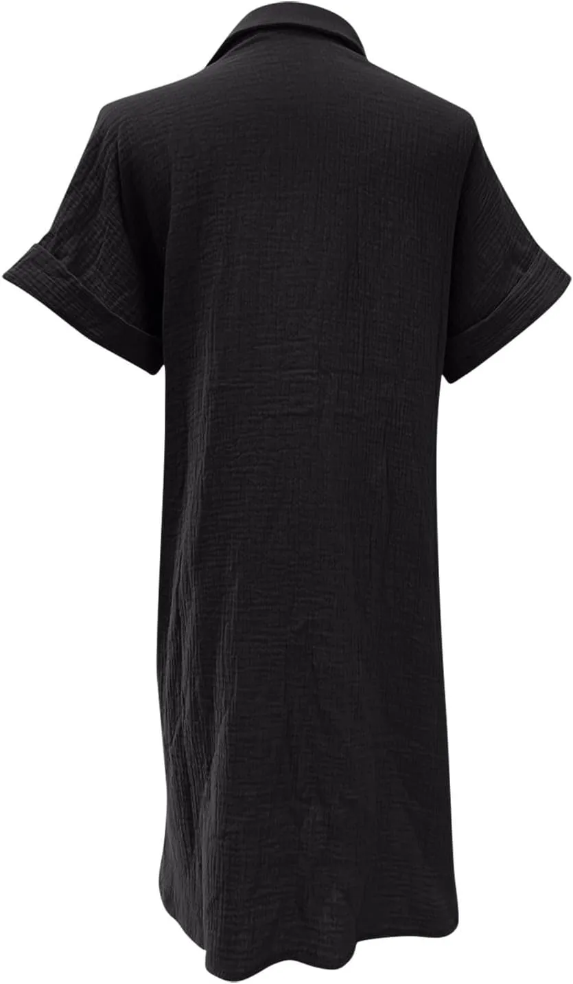 JOAU Womens Summer Length Knee Shirt Dress Casual Rolled Short Sleeve Lapel Collar Button Down Loose Dresses with Pockets