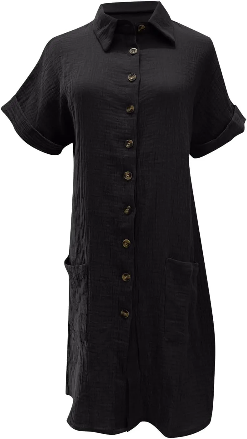 JOAU Womens Summer Length Knee Shirt Dress Casual Rolled Short Sleeve Lapel Collar Button Down Loose Dresses with Pockets