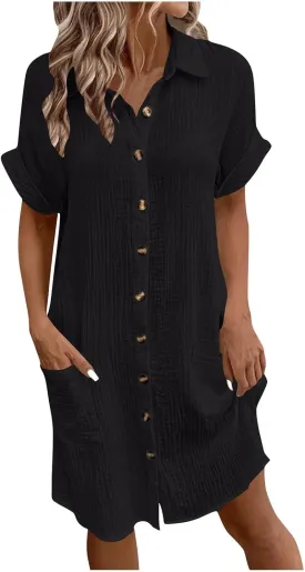 JOAU Womens Summer Length Knee Shirt Dress Casual Rolled Short Sleeve Lapel Collar Button Down Loose Dresses with Pockets