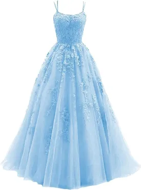 kamahe Women's Lace Appliques Prom Dresses Long Spaghetti Strap Ball Gowns Tulle Formal Dress for Party