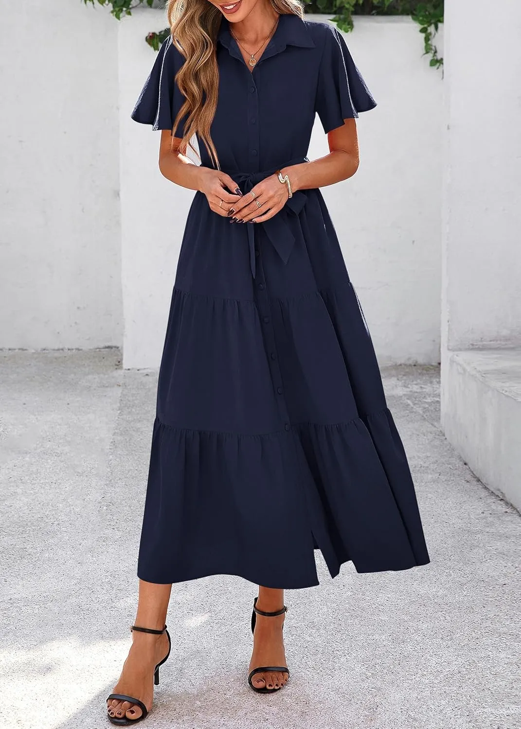 KIRUNDO Summer Button Down Wedding Guest Shirt Dresses for Women Maxi Flutter Short Sleeve Flowy Tiered Beach Sun Dress