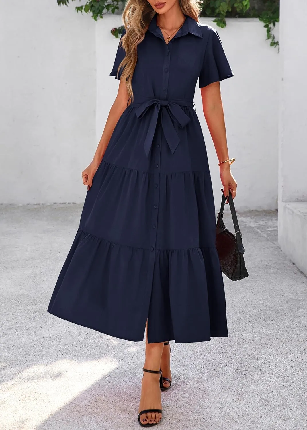 KIRUNDO Summer Button Down Wedding Guest Shirt Dresses for Women Maxi Flutter Short Sleeve Flowy Tiered Beach Sun Dress