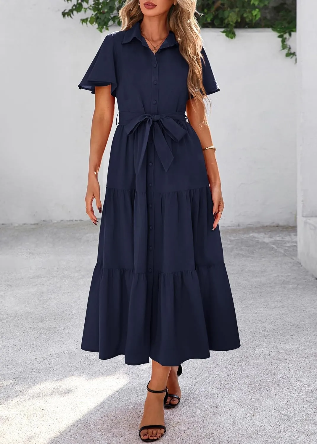 KIRUNDO Summer Button Down Wedding Guest Shirt Dresses for Women Maxi Flutter Short Sleeve Flowy Tiered Beach Sun Dress