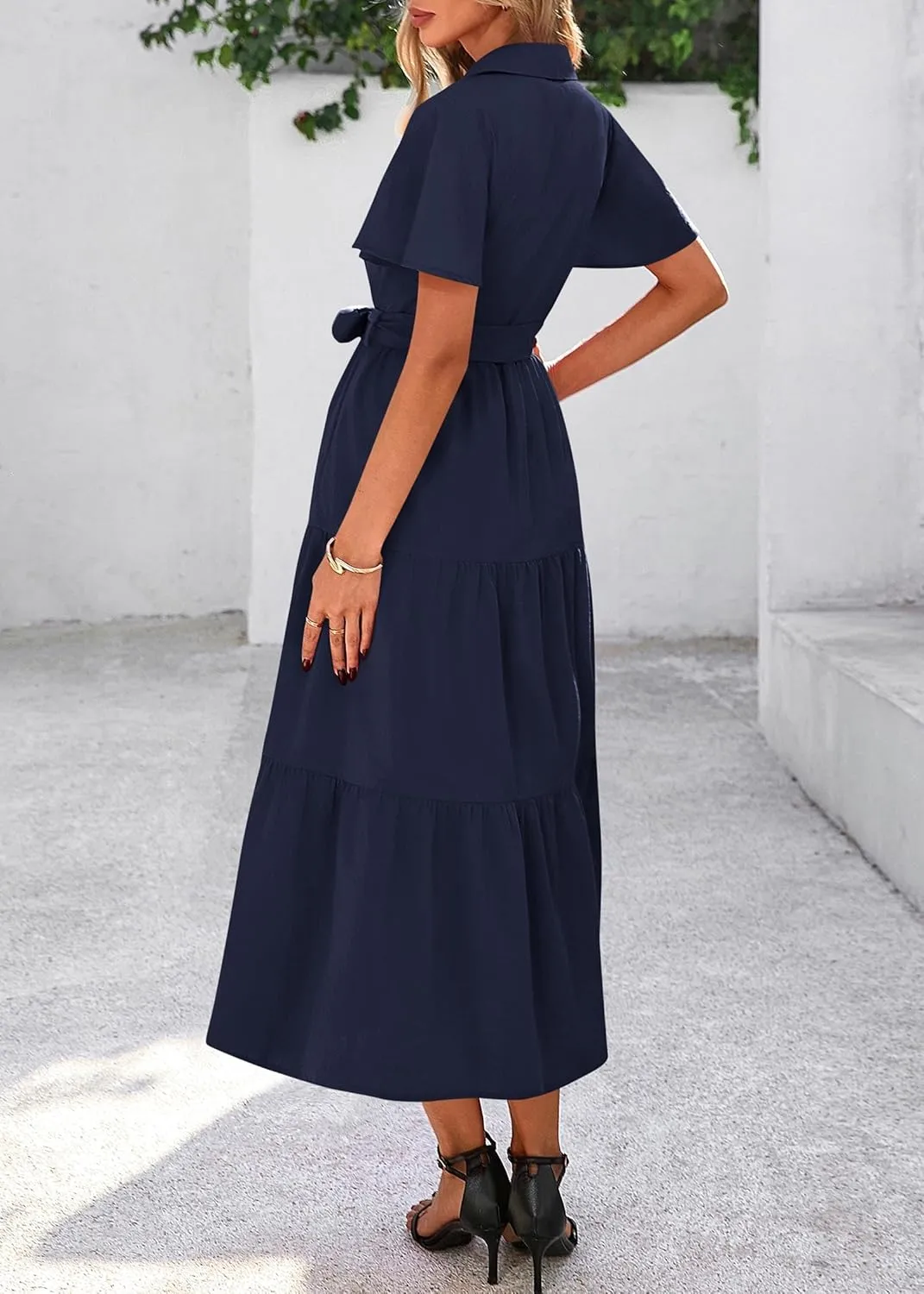 KIRUNDO Summer Button Down Wedding Guest Shirt Dresses for Women Maxi Flutter Short Sleeve Flowy Tiered Beach Sun Dress