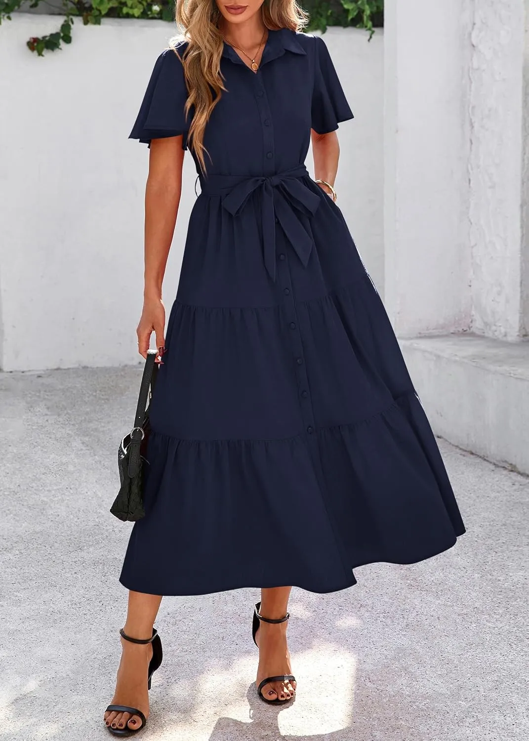 KIRUNDO Summer Button Down Wedding Guest Shirt Dresses for Women Maxi Flutter Short Sleeve Flowy Tiered Beach Sun Dress
