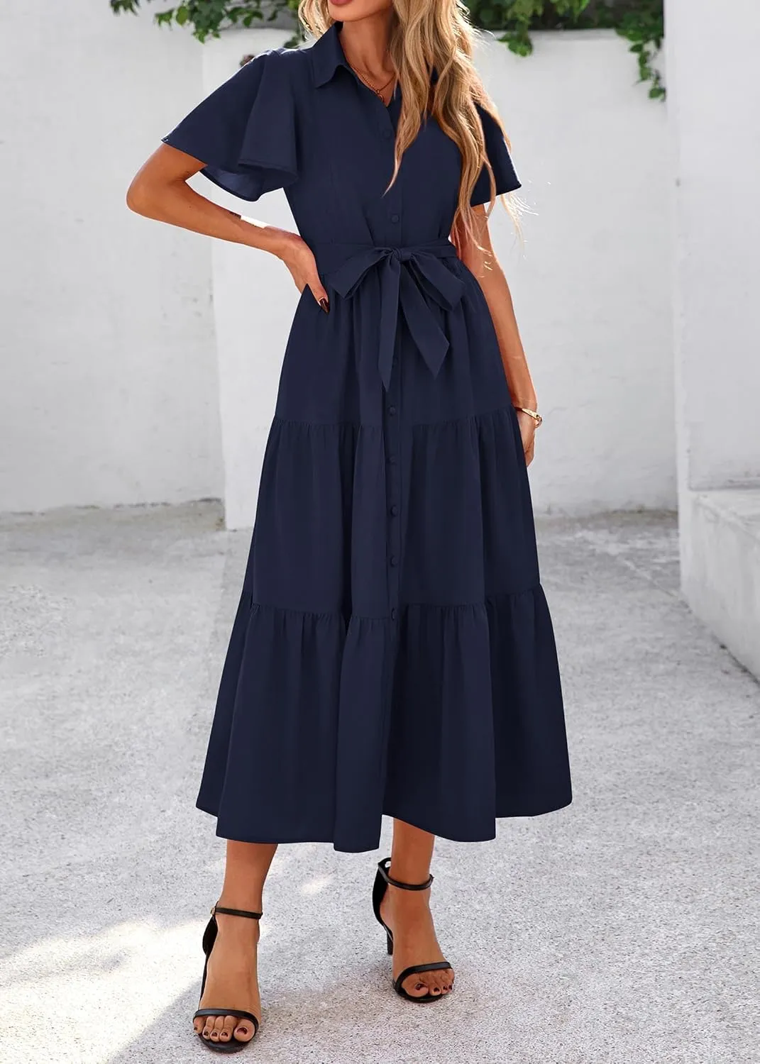 KIRUNDO Summer Button Down Wedding Guest Shirt Dresses for Women Maxi Flutter Short Sleeve Flowy Tiered Beach Sun Dress