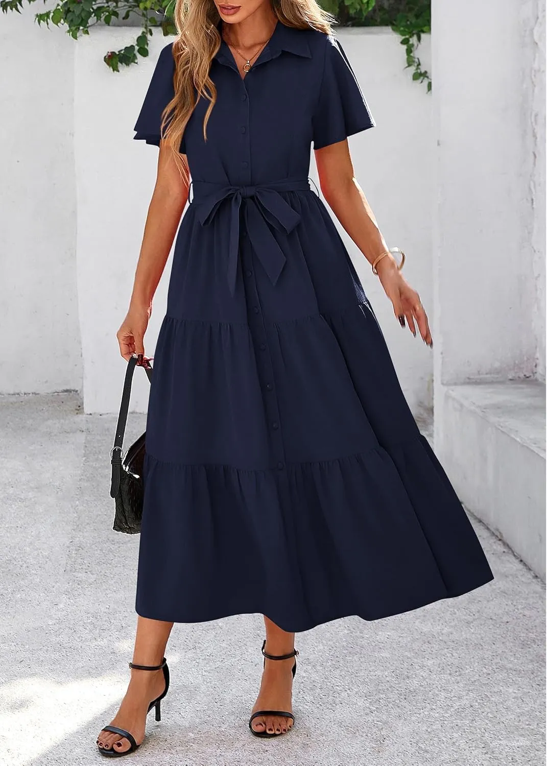 KIRUNDO Summer Button Down Wedding Guest Shirt Dresses for Women Maxi Flutter Short Sleeve Flowy Tiered Beach Sun Dress