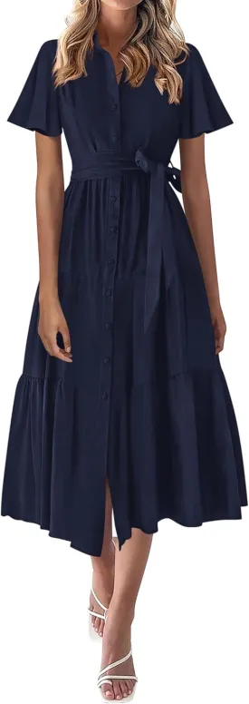 KIRUNDO Summer Button Down Wedding Guest Shirt Dresses for Women Maxi Flutter Short Sleeve Flowy Tiered Beach Sun Dress