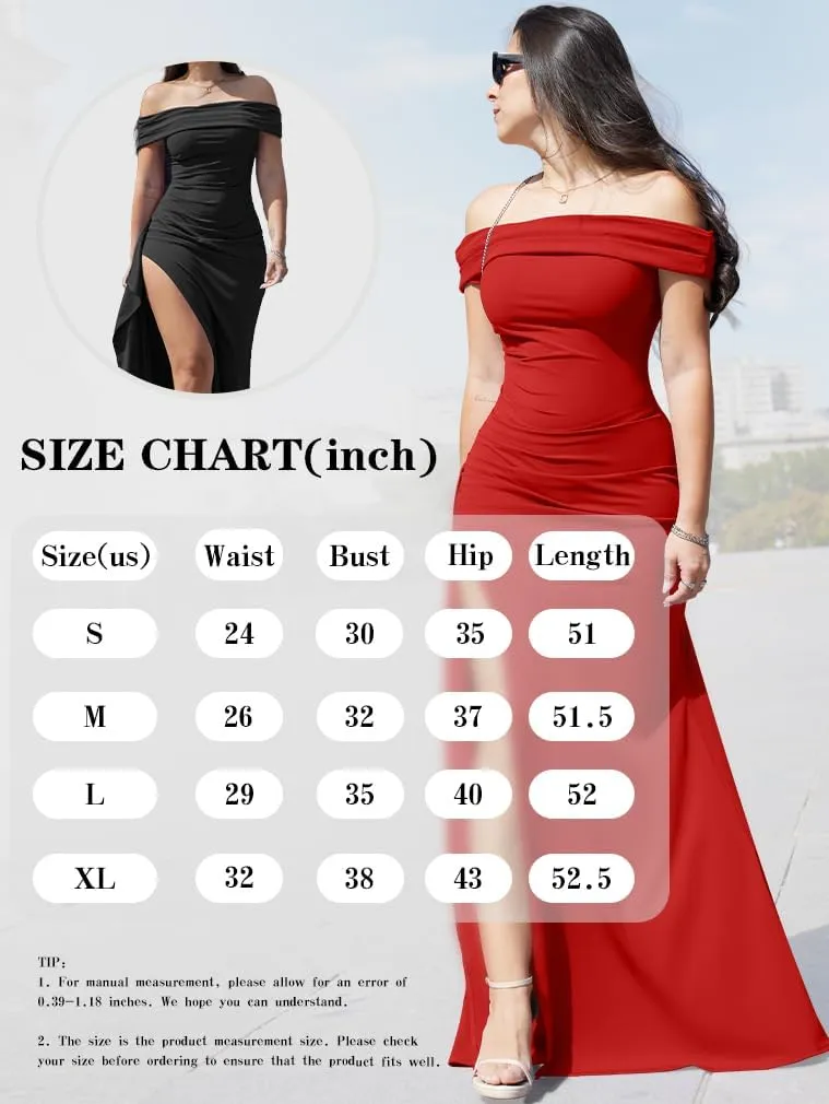LAGSHIAN Women's Elegant Bodycon Off Shoulder Sleeveless High Split Ruched Long Formal Evening Dress