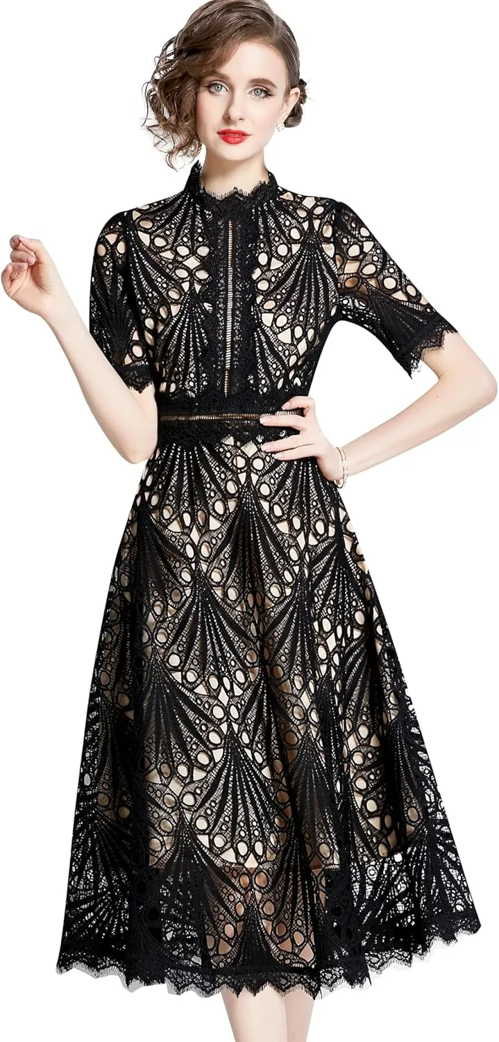 LAI MENG FIVE CATS Women's Retro Elegant Floral Lace Crew Neck Crochet Waist Cocktail Party Midi Dress