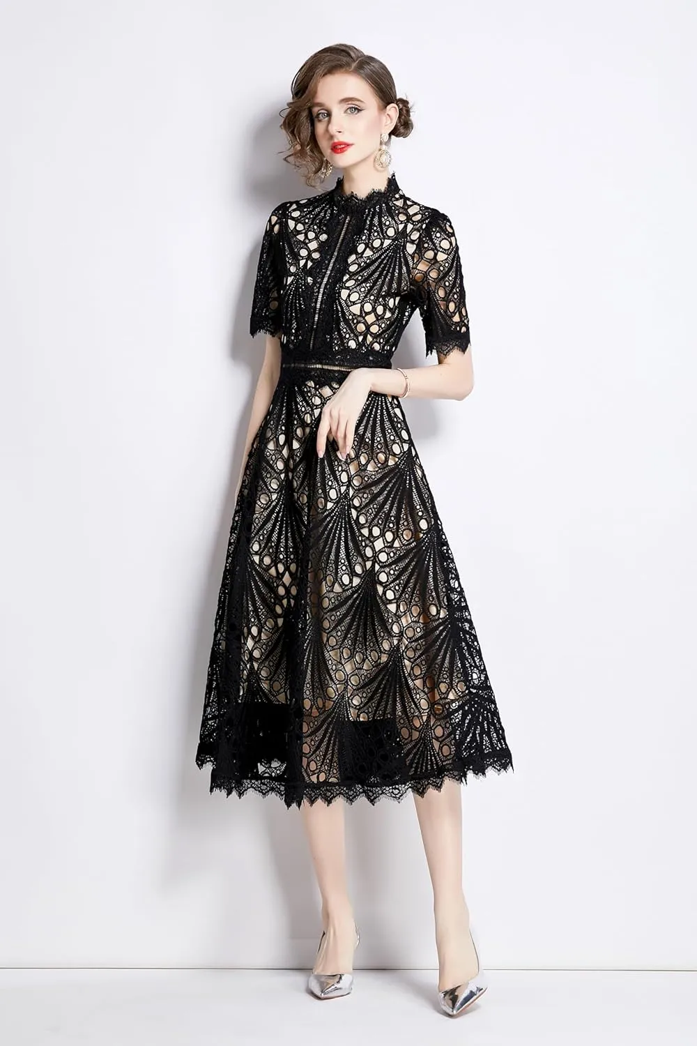 LAI MENG FIVE CATS Women's Retro Elegant Floral Lace Crew Neck Crochet Waist Cocktail Party Midi Dress