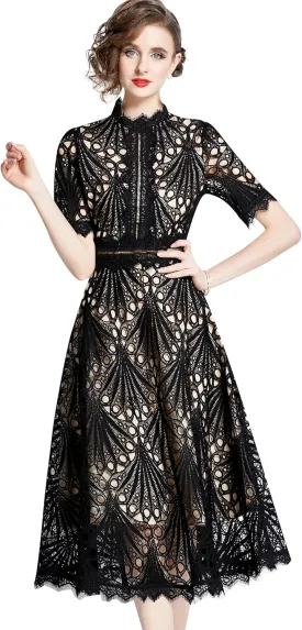 LAI MENG FIVE CATS Women's Retro Elegant Floral Lace Crew Neck Crochet Waist Cocktail Party Midi Dress