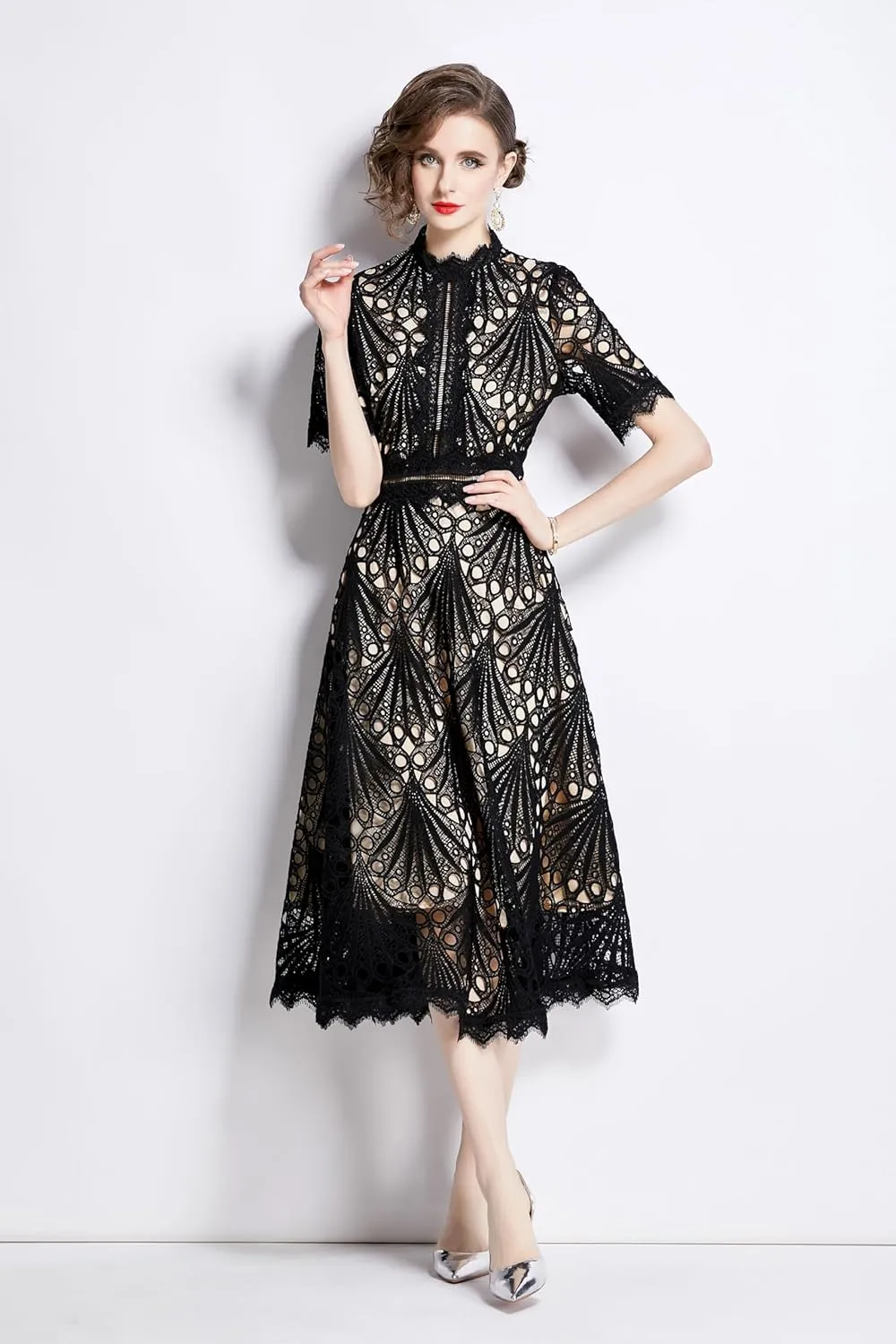 LAI MENG FIVE CATS Women's Retro Elegant Floral Lace Crew Neck Crochet Waist Cocktail Party Midi Dress