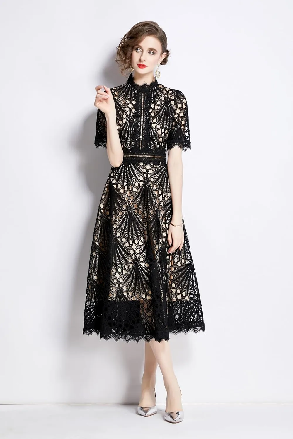 LAI MENG FIVE CATS Women's Retro Elegant Floral Lace Crew Neck Crochet Waist Cocktail Party Midi Dress