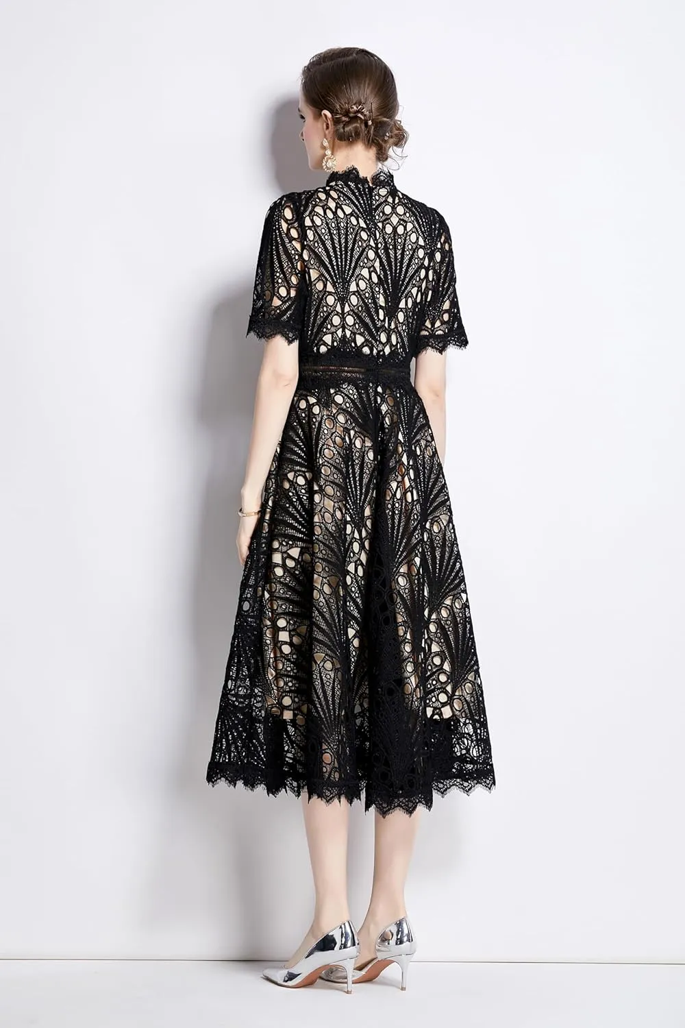 LAI MENG FIVE CATS Women's Retro Elegant Floral Lace Crew Neck Crochet Waist Cocktail Party Midi Dress