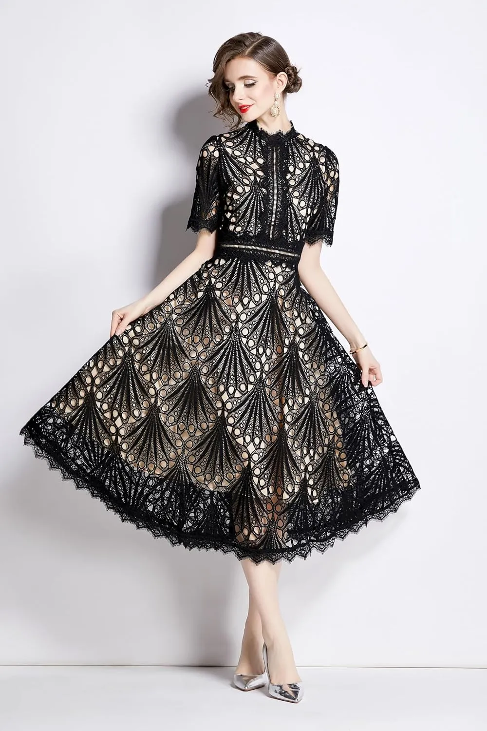 LAI MENG FIVE CATS Women's Retro Elegant Floral Lace Crew Neck Crochet Waist Cocktail Party Midi Dress