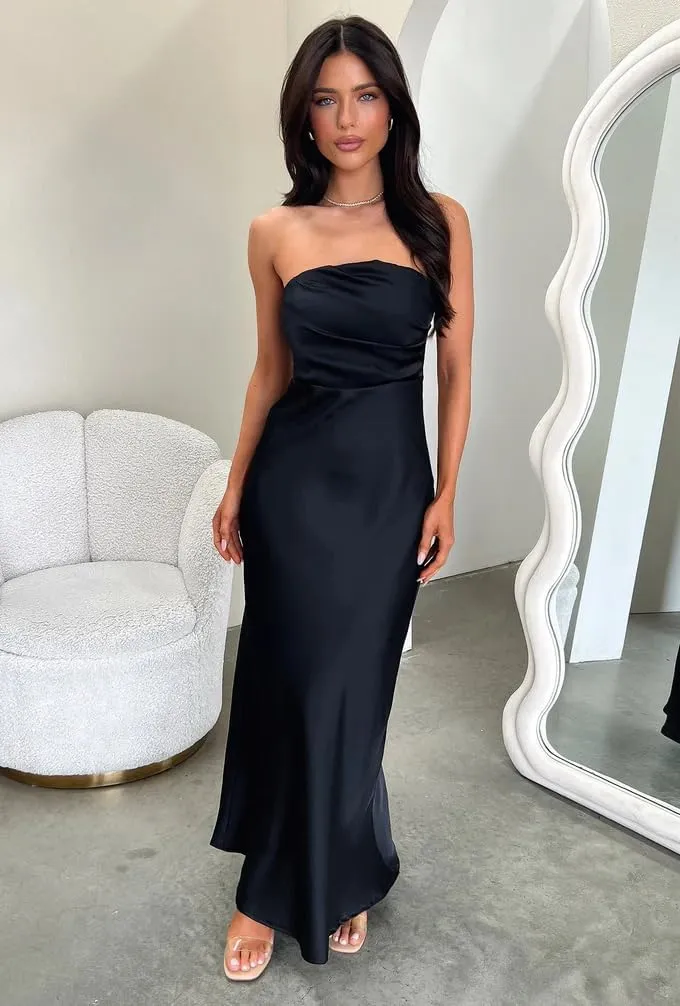 Memoriesea Women's Sexy Strapless Tube Bodycon Backless Wedding Guest Party Maxi Dress