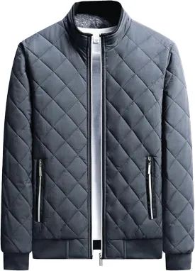 Men's High Neck Diamond Quilted Jacket Fleece Lined Thermal Padded Jackets Winter Full Zipper Bomber Outwear