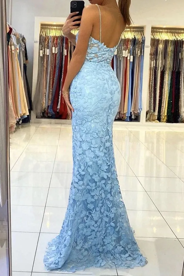 Mermaid V-neck Pearl Straps Lace Prom Dresses Slit Evening Dresses