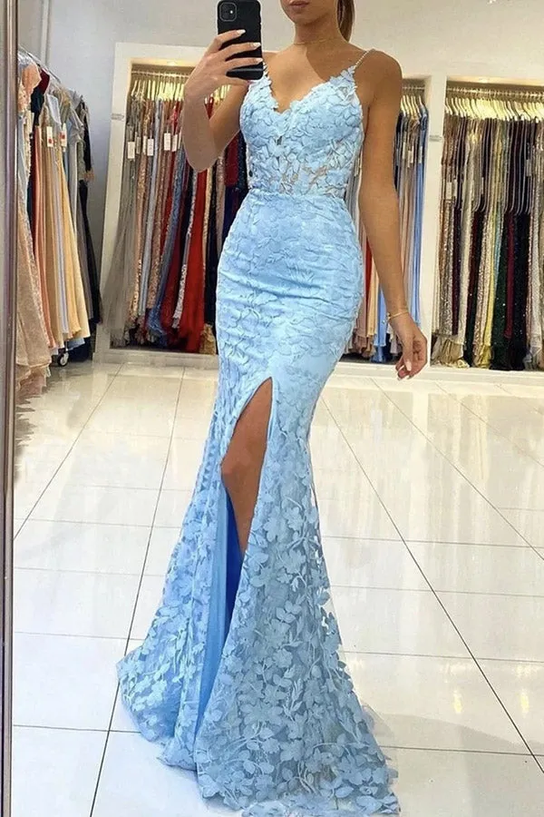 Mermaid V-neck Pearl Straps Lace Prom Dresses Slit Evening Dresses