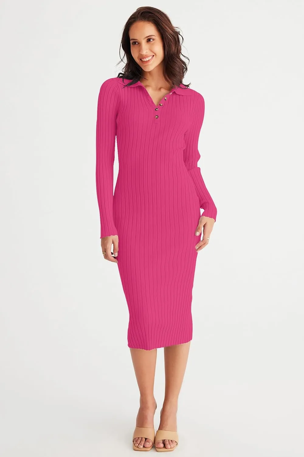 MEROKEETY Womens 2024 V Neck Ribbed Sweater Dress Long Sleeve Bodycon Knit Midi Dresses