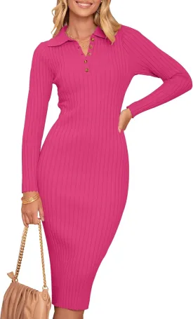 MEROKEETY Womens 2024 V Neck Ribbed Sweater Dress Long Sleeve Bodycon Knit Midi Dresses