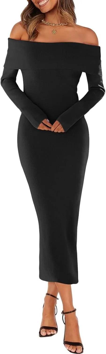 MEROKEETY Women's Fall Off Shoulder Bodycon Sweater Dress Formal Long Sleeve Elegant Cocktail Party Midi Maxi Dresses