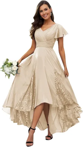 Mother of The Bride Dresses Tea Length for Women Lace Chiffon Short Sleeve Formal Dress
