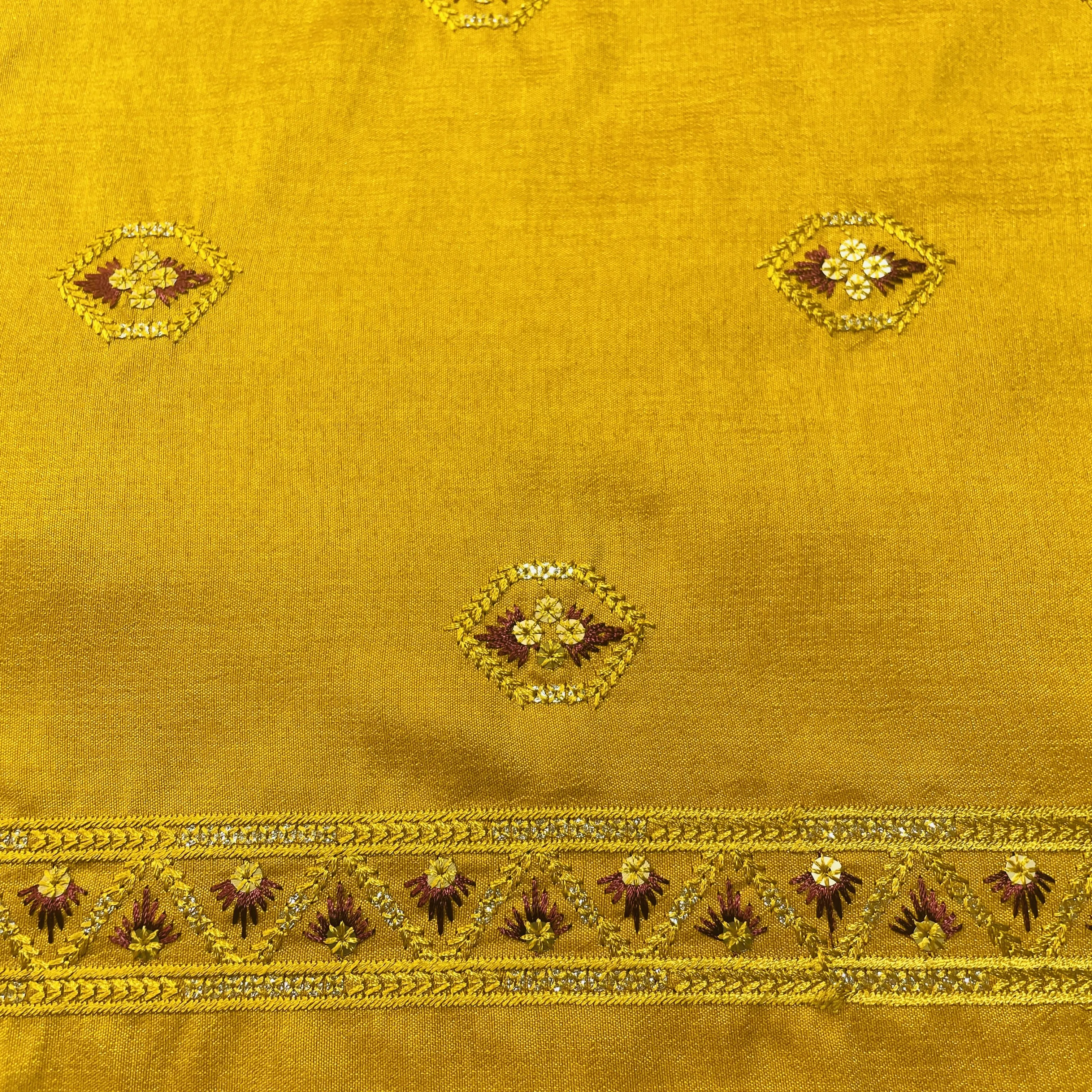 Mustard Sequins Thread Embroidery Russian Silk Fabric 18453