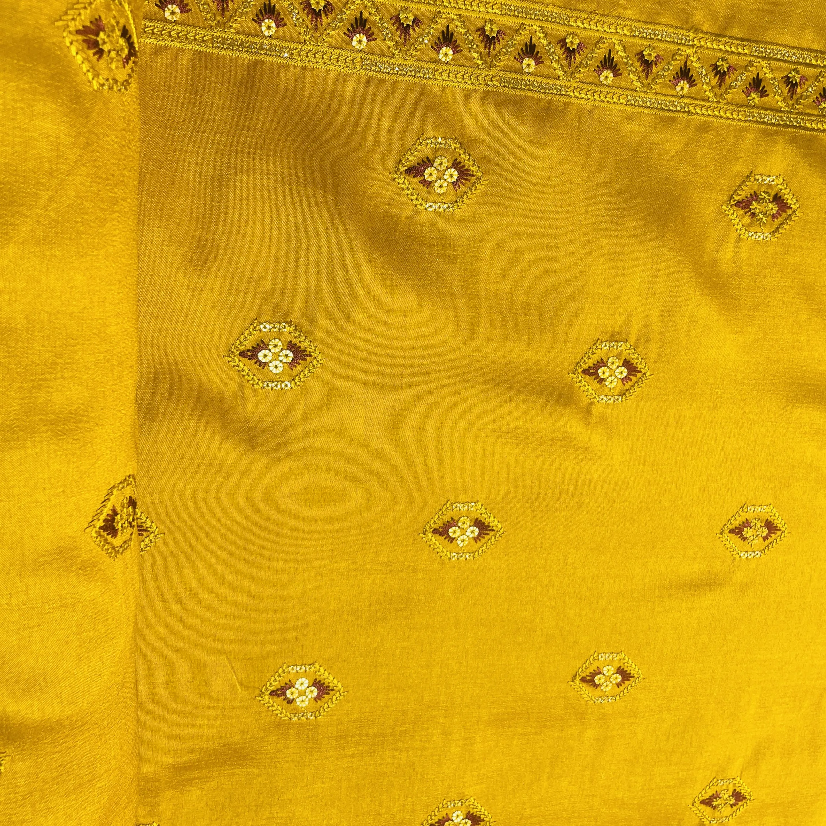 Mustard Sequins Thread Embroidery Russian Silk Fabric 18453