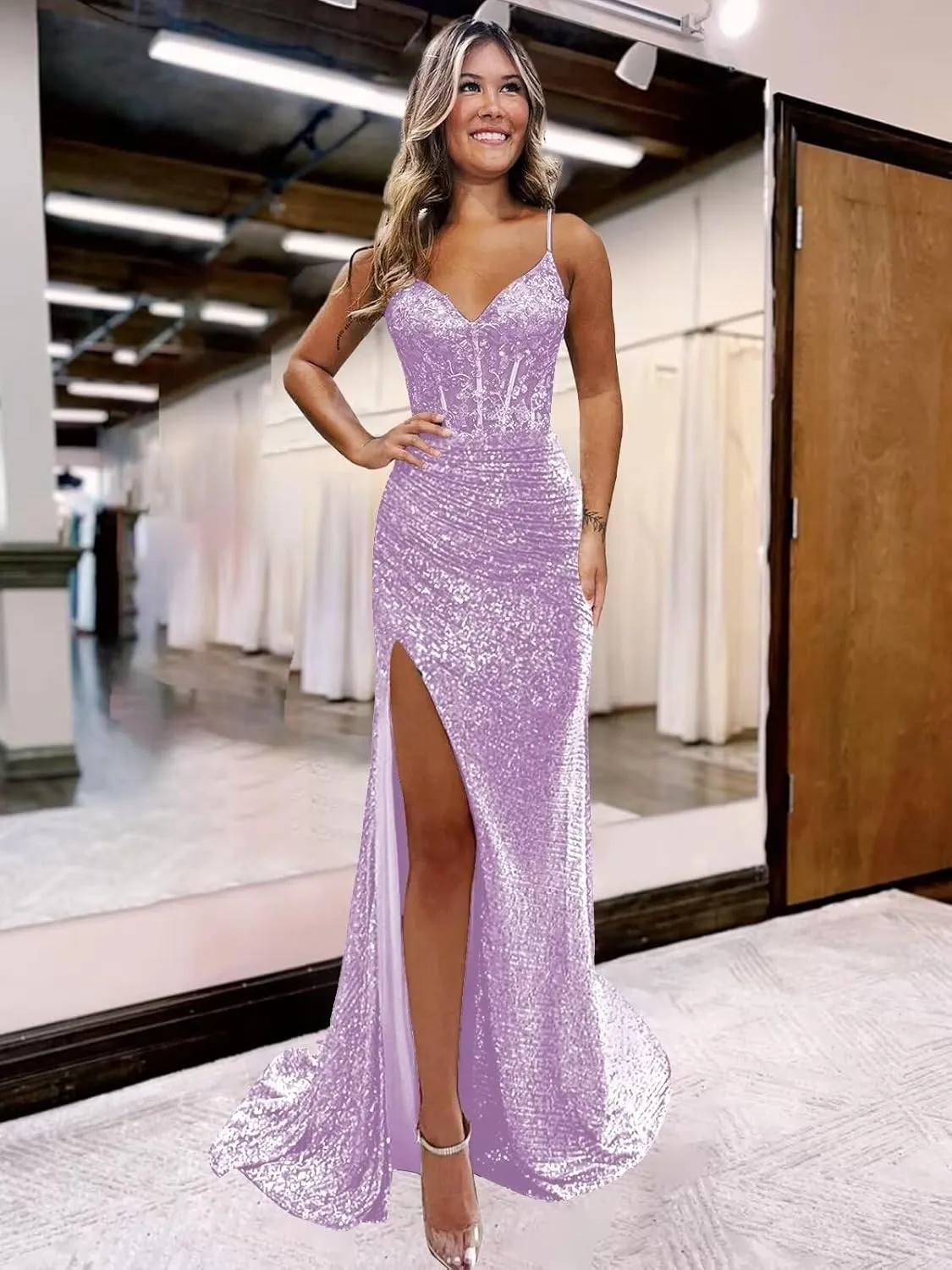 OFEECHUN Women's Lace Applique Sequin Prom Dresses with Slit Corset Formal Dress V Neck Sparkly Long Evening Party Gowns