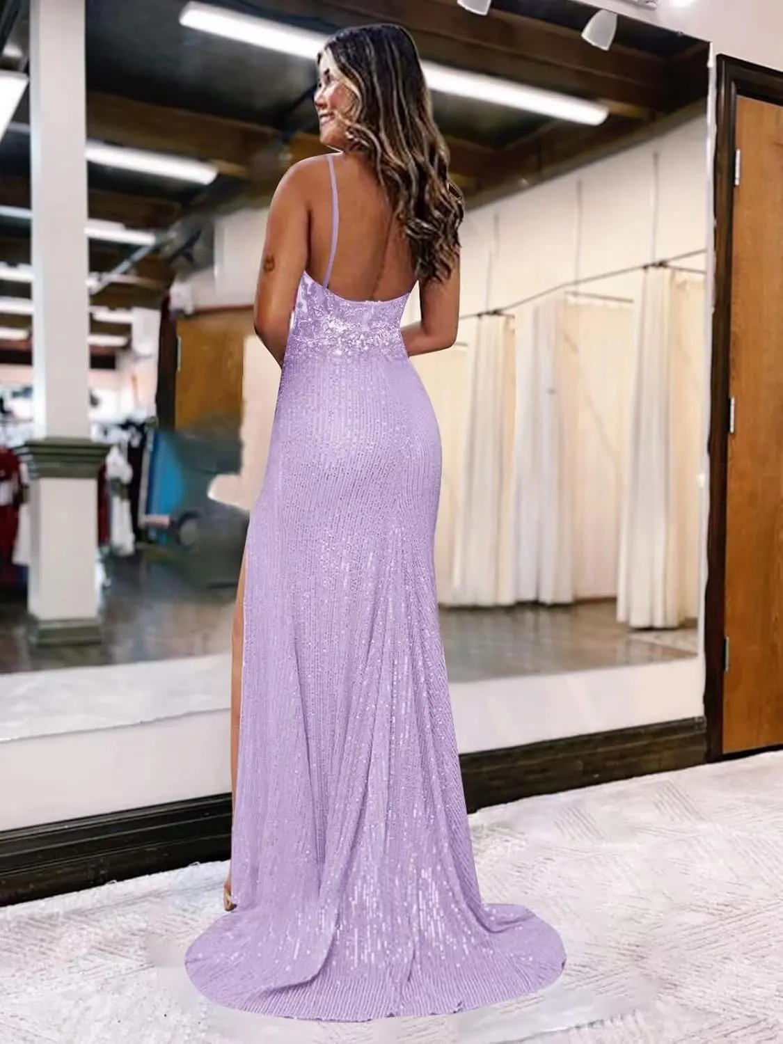 OFEECHUN Women's Lace Applique Sequin Prom Dresses with Slit Corset Formal Dress V Neck Sparkly Long Evening Party Gowns